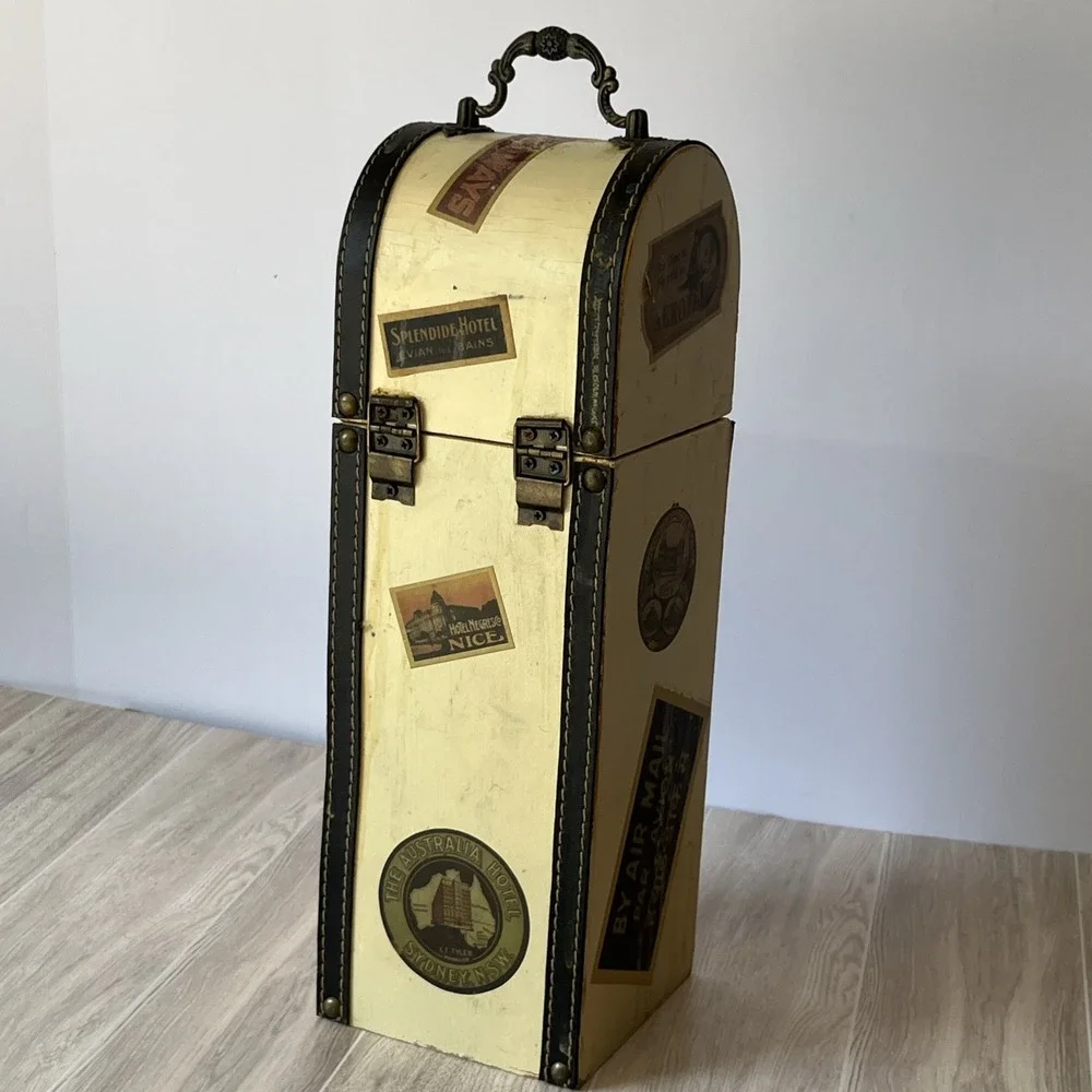 Wooden Wine Bottle Gift Box, Leather Accents Luggage Theme, Metal Clasp & Handle